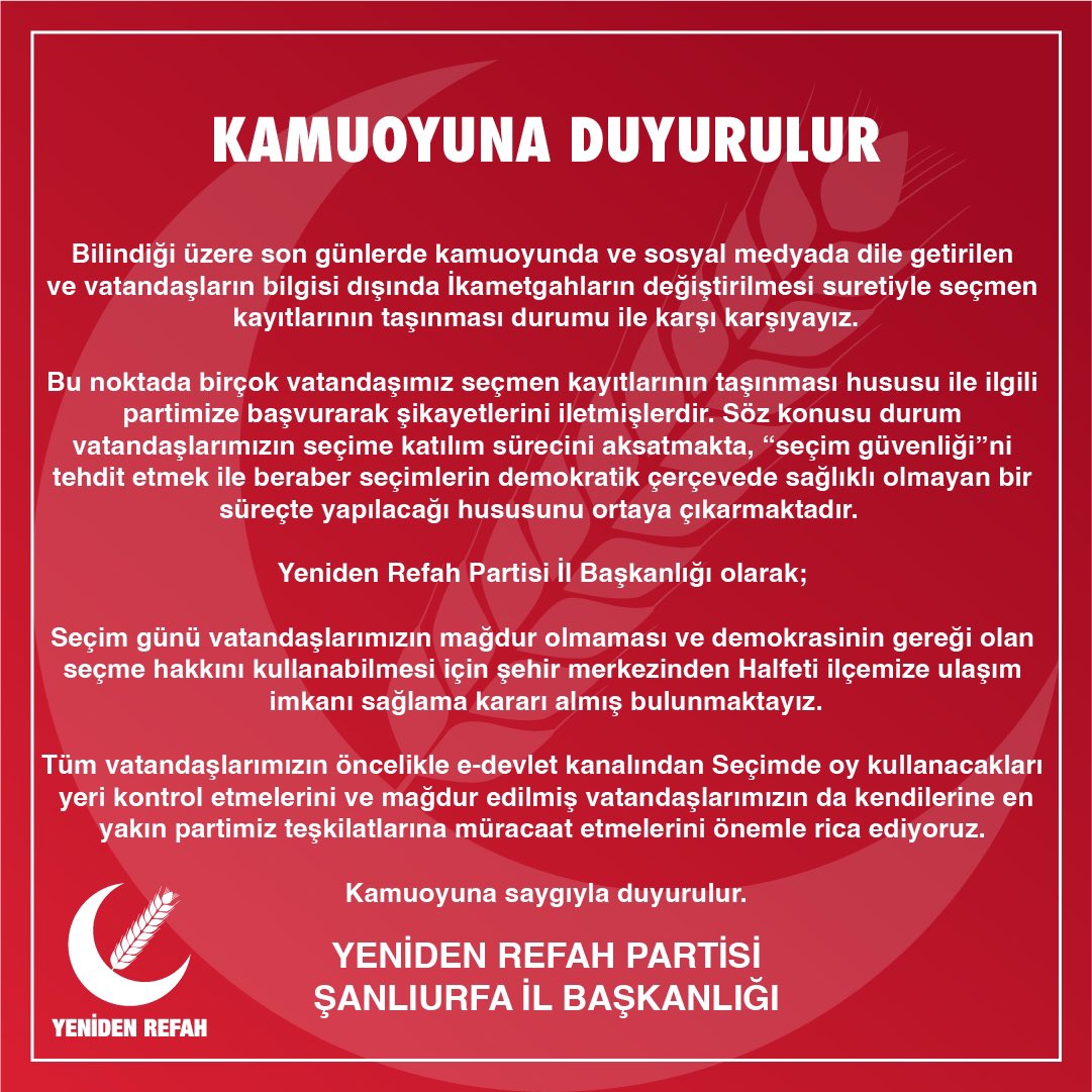 Kamuoyuna Duyurulur!
#YenidenRefahPartisi 
#Şanlıurfa