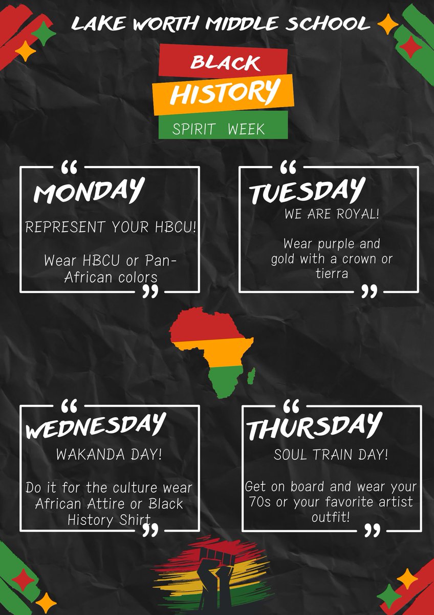 Get ready to celebrate Black History Month in style! Join us for a week of empowerment, education, and appreciation. Let's come together to honor the past, celebrate the present, and inspire the future. #BlackHistoryMonthSpiritWeek 🎉✊🏿✊🏾✊🏽✊🏼✊🏻✊