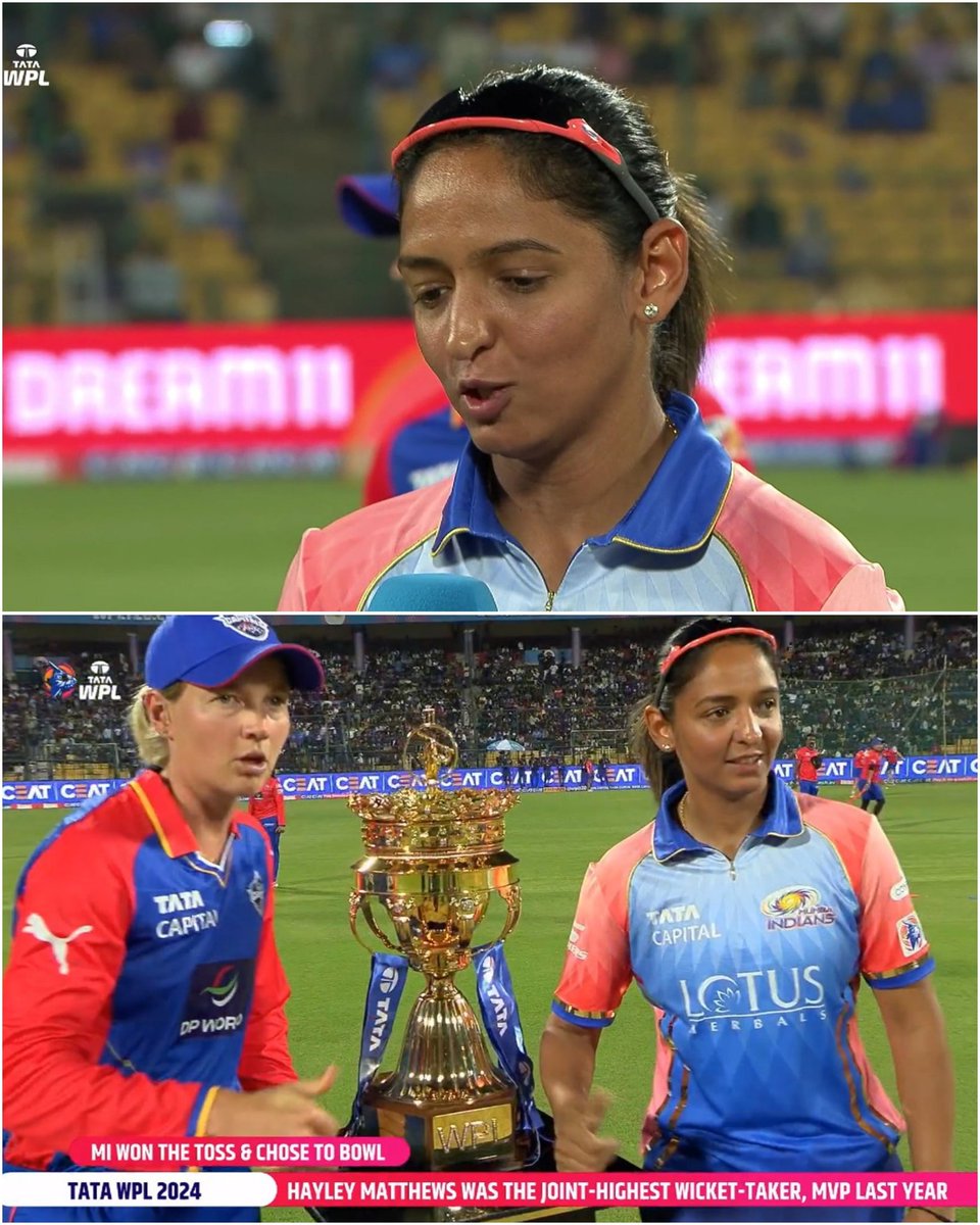 Mumbai Indians won the toss and they've decided to bowl first against Delhi Capitals! Meg Lanning and Harmanpreet Kaur with the WPL trophy.