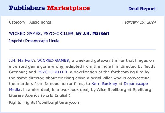 Thrilled to announce this unique deal with <a href="/Dreamscapeaudio/">Dreamscape Media</a> I novelized 2 horror movies (WICKED GAMES, already out) &amp; PSYCHOKILLER (post production) under my pen name JH Markert &amp; both will be released as audio originals with Dreamscape, with WICKED GAMES due out later spring!