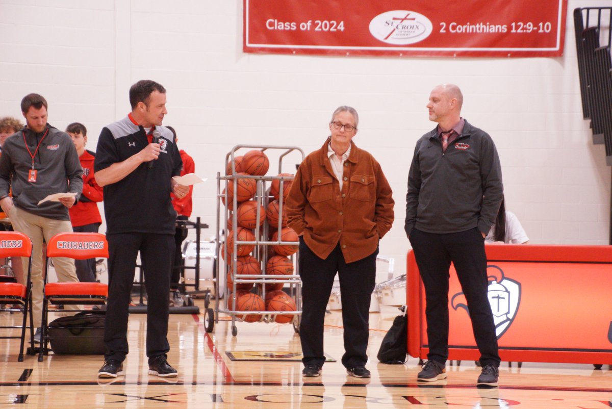 Coaches Dave Mielke and Ellen Pieper were recognized at their last regular season home basketball game. Coach Pieper will retire at end of school year after serving 45 years at SCLA, and Coach Mielke will take over as the principal Crown of Life Church. #WeAreStCroix