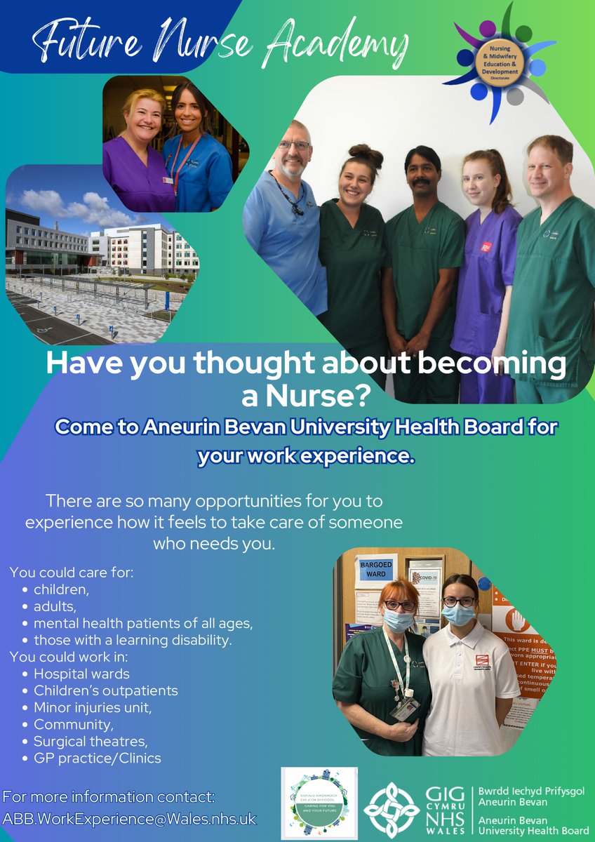 Do you want to be our Future Nurse?
Aneurin Bevan University Health Board‘s Future Nurse Academy is a unique pathway supporting you to achieve your dream job in Nursing.
Register your interest in becoming a HCSW or Registered Nurse via the link:

forms.office.com/e/CphGZqqXGs