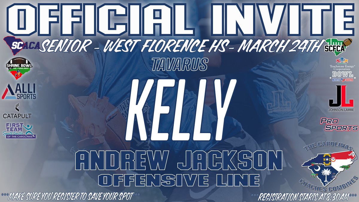 Congratulations on being selected to the Carolinas Coaches Combines at West Florence HS! See you on March 24 at 8:30am! 

Check your email to register!

#CarolinasCoaches24 <a href="/JohnsonLambe/">Johnson Lambe Sporting Goods</a> <a href="/allisportsgroup/">Alli Sports</a>

<a href="/JeremySmithw/">Jeremy Smith</a> <a href="/AJ_VolsFootball/">AJ Volunteers Football</a> <a href="/Tcadejackson/">Tyler Cade Jackson</a> <a href="/JykeviusJohnson/">Jykevius Johnson</a> <a href="/Tavaruskelly/">Tavarus</a>