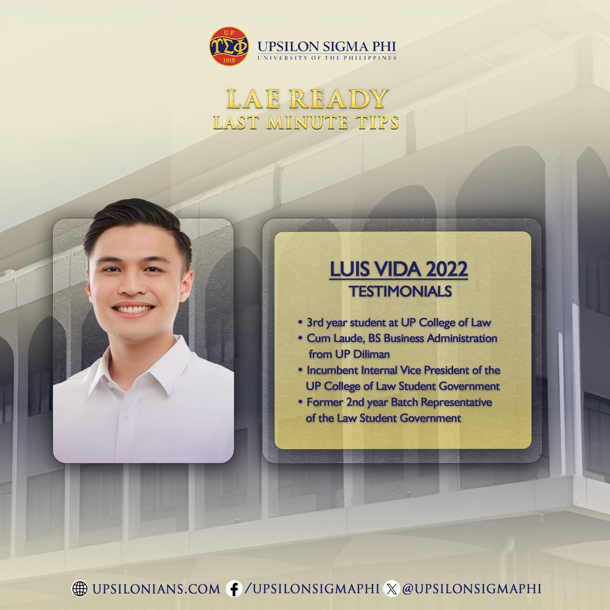 upsilonsigmaphi's tweet image. #LAEReady2024

We proudly present our speakers for the 𝐋𝐚𝐬𝐭 𝐌𝐢𝐧𝐮𝐭𝐞 𝐓𝐢𝐩𝐬 event happening tomorrow, February 24, 2024 from 5:00 to 7:00 pm.

Registration Link: bit.ly/LAEREADY2024

#UPCollegeofLaw
#ImperativeofService
#WeGatherLightToScatter