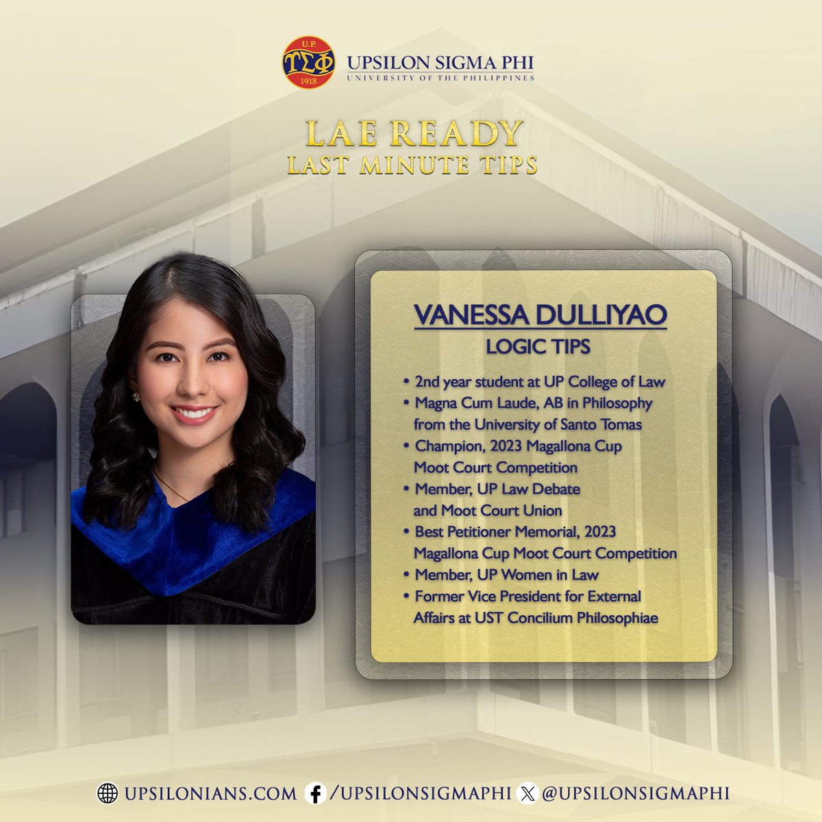 upsilonsigmaphi's tweet image. #LAEReady2024

We proudly present our speakers for the 𝐋𝐚𝐬𝐭 𝐌𝐢𝐧𝐮𝐭𝐞 𝐓𝐢𝐩𝐬 event happening tomorrow, February 24, 2024 from 5:00 to 7:00 pm.

Registration Link: bit.ly/LAEREADY2024

#UPCollegeofLaw
#ImperativeofService
#WeGatherLightToScatter