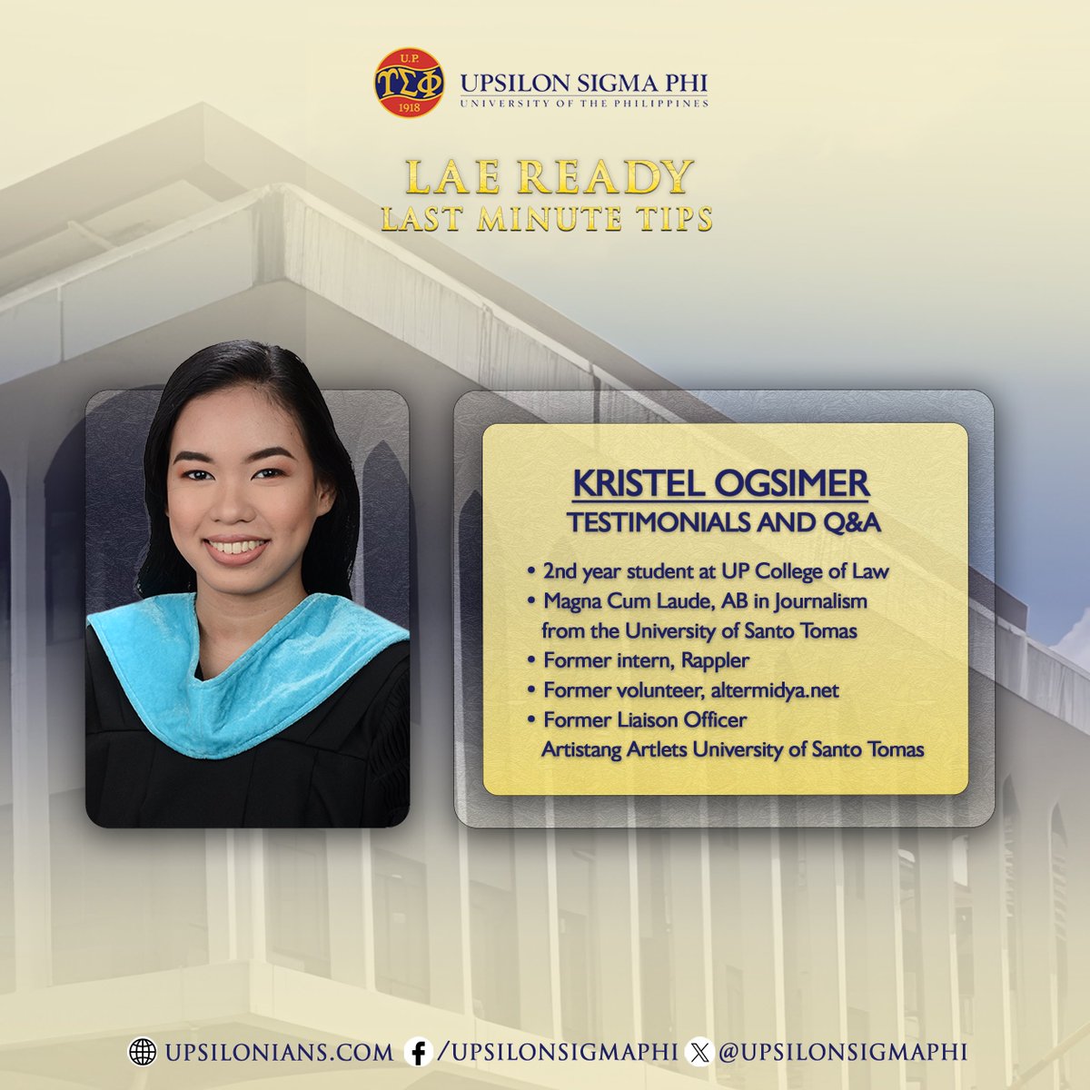 upsilonsigmaphi's tweet image. #LAEReady2024

We proudly present our speakers for the 𝐋𝐚𝐬𝐭 𝐌𝐢𝐧𝐮𝐭𝐞 𝐓𝐢𝐩𝐬 event happening tomorrow, February 24, 2024 from 5:00 to 7:00 pm.

Registration Link: bit.ly/LAEREADY2024

#UPCollegeofLaw
#ImperativeofService
#WeGatherLightToScatter