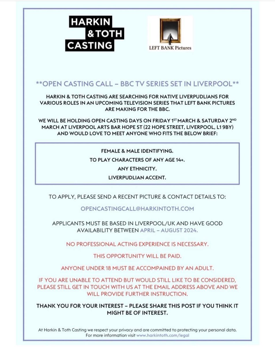 CASTING CALL 📢

Harkin &amp; Toth Casting are searching for Scousers aged 14+ for various roles in an upcoming BBC series. 

⏰ Open Casting is Friday 1st March &amp; Saturday 2nd March
ℹ️ No previous professional acting experience necessary

More info ⬇️

#FilmLiverpool #CastingCall