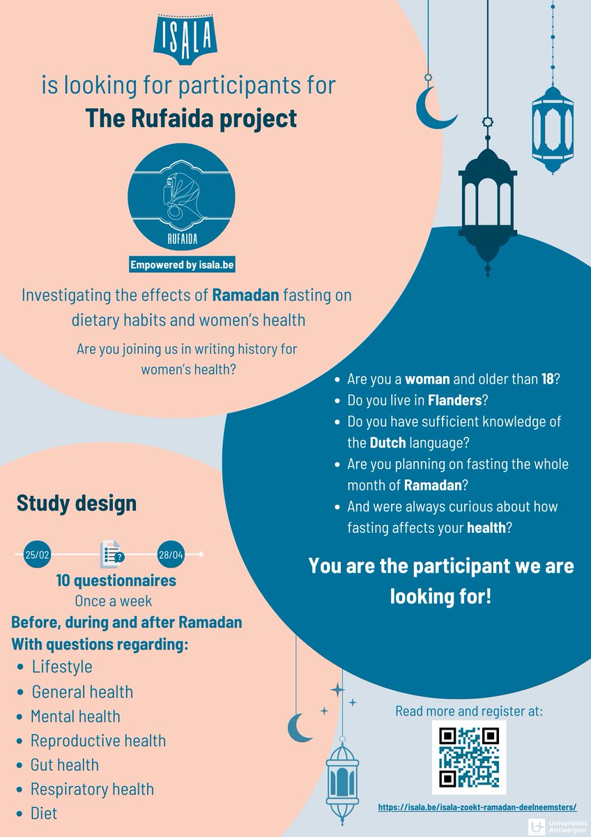 Exciting news! We're recruiting for a #NewIsalaDaughter project, #Rufaida about the effects of #RamadanIntermittentFasting on the dietary patterns and health of women! Check out the blog below for more details and registration! isala.be/isala-zoekt-ra…