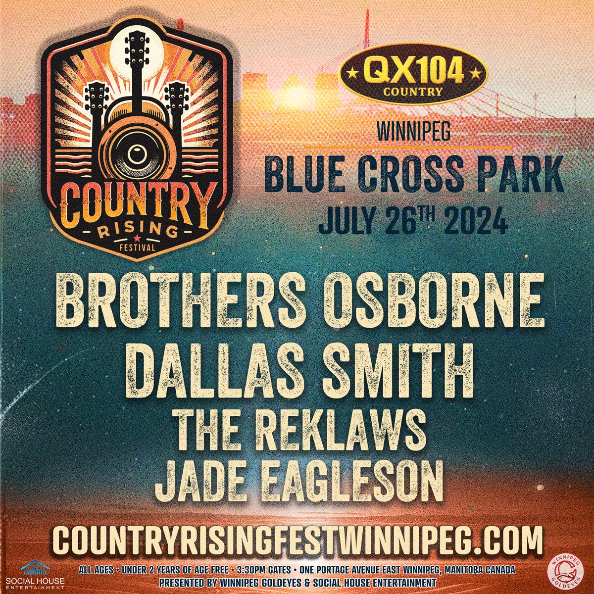 QX104, Social House Entertainment and the @Wpg_Goldeyes are proud to announce the all-new Country Rising Music Festival coming to Blue Cross Park on Friday, July 26th, 2024! #BrodyAndKarly @brothersosborne @dallassmith @thereklaws @JadeEagleson and more!