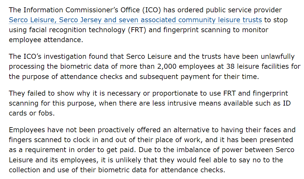 Outsourcing firm Serco - which describes itself as a 'leading provider of public services' and runs dozens of leisure facilities for England's local authorities - has been reprimanded for unlawfully using facial recognition and fingerprint scanning to monitor staff attendance: