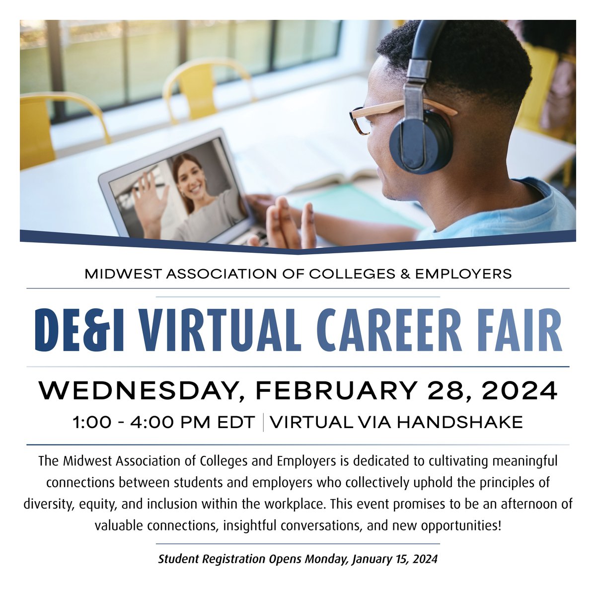 The Midwest Association of Colleges and Employers will be hosting a DE&amp;I Virtual Career Fair this upcoming Wednesday, February 28th, 2024 from 1pm - 4pm virtually on Handshake. Be sure to check your Handshake accounts for additional information #rucareerready #internships #jobs