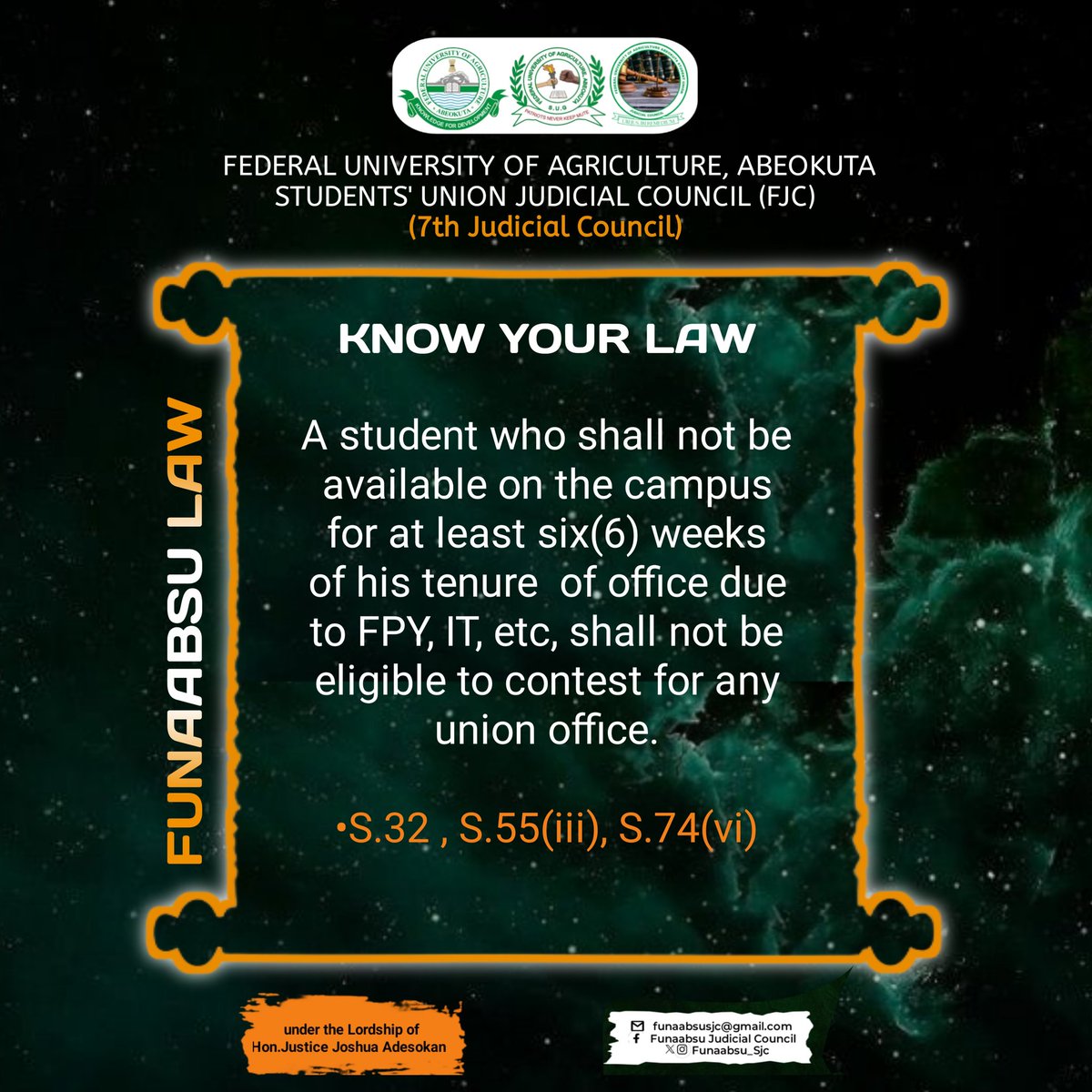 Being a Union officer is about serving humanity but respecting the constitution is sacrosanct.

#KnowYourLaw
#FUNAABSUConstitution
#FUNAABSU23/24
#TeamUbuntu