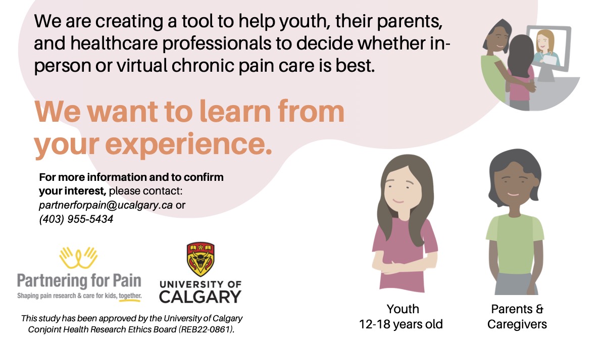 Is in-person or virtual care better for youth with #chronicpain? We want to hear from #youth w/ chronic pain (12-18 y/o) & parents/caregivers! Brief interview w/ compensation. Reach out at partnerforpain@ucalgary.ca or (403) 955-5434 (or DM me). #ItDoesntHaveToHurt