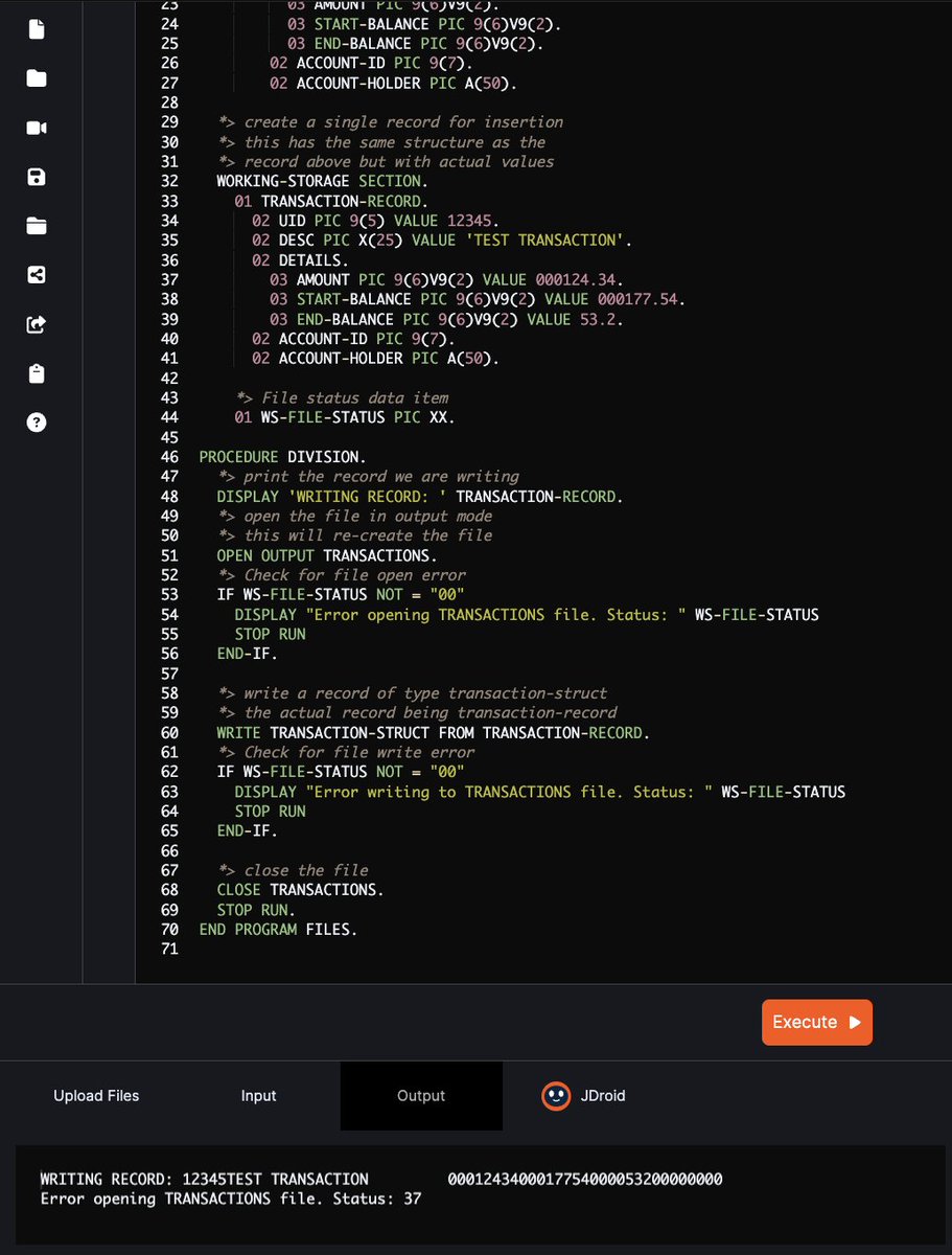 🚀✨ Every day I find something new to be excited about with this model: ➡️ Uploaded the COBOL reference manual (549 PDF pages) into @googleaistudio. ➡️ Pasted in a non-trivial code snippet regarding file handling in COBOL. ➡️ Asked Gemini Pro+ to add error handling to the…