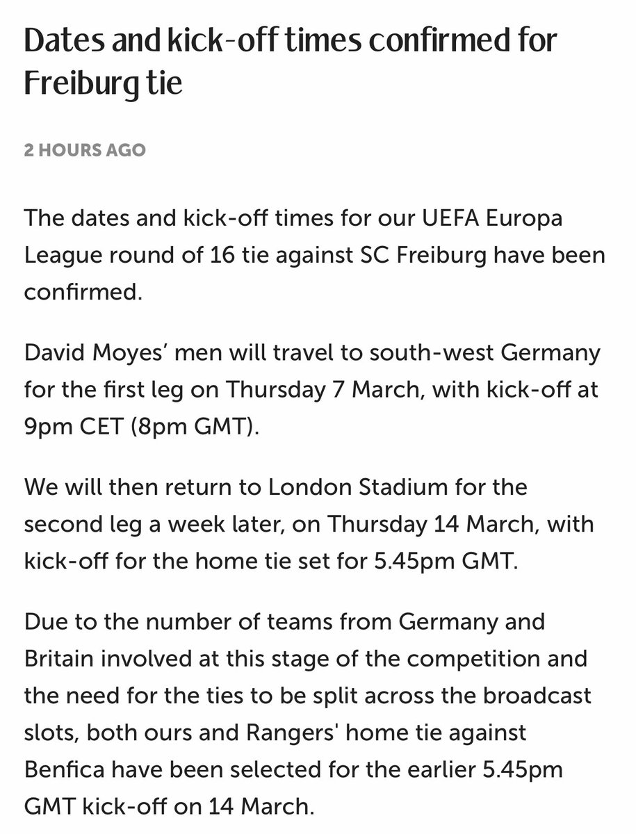westhamfootball's tweet photo. 5.45pm on a work day is going to be a struggle for many on 14 March https://t.co/5yIMVKubHP