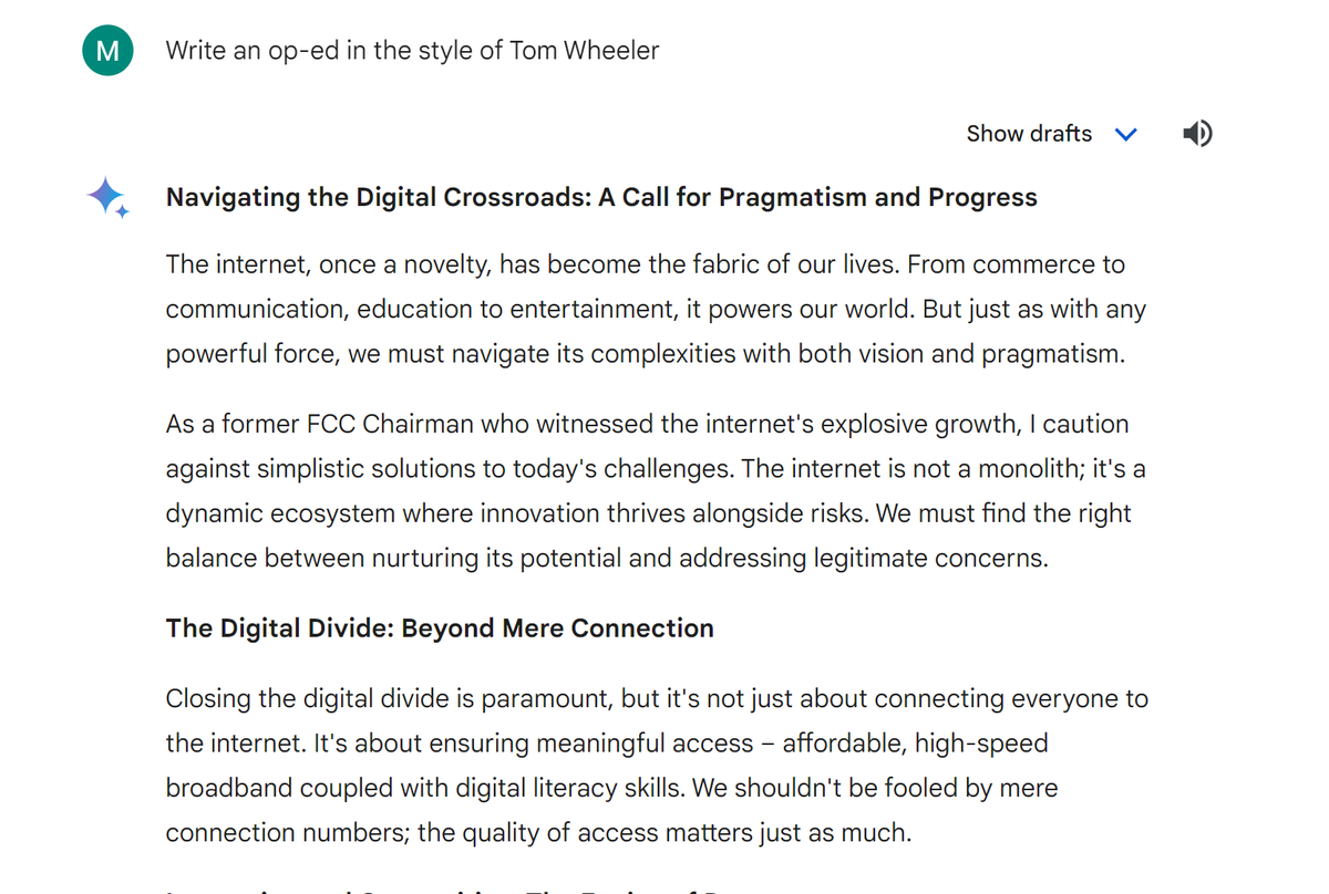 If you ask Google Gemini to write an op-ed in the style of GOP FCC Chair Ajit Pai, it won't do that 'as it would require me to impersonate a real person with potentially controversial and divisive views.' What about Dem FCC Chairs Wheeler and Rosenworcel? That's not a problem.