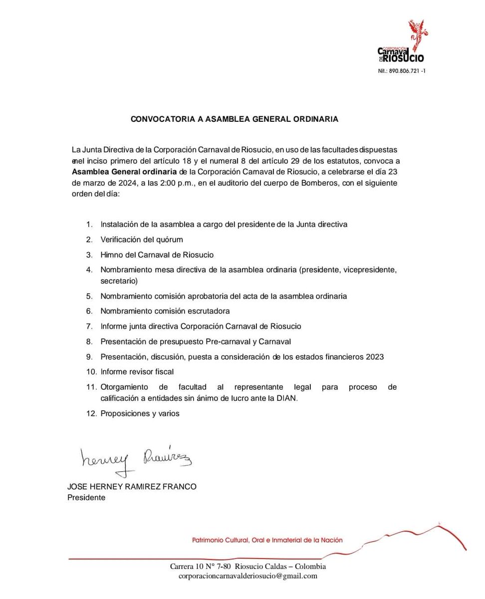 CarnavalDeRiosu's tweet photo. Gran convocatoria de la Corporación Carnaval de Riosucio a todos sus Corporados para asistir a la Asamblea General Ordinaria el 23 de Marzo de 2024 en el Auditorio del Cuerpo de Bomberos de Riosucio a partir de las 2:00 pm 🔱 https://t.co/n5hWep3A91