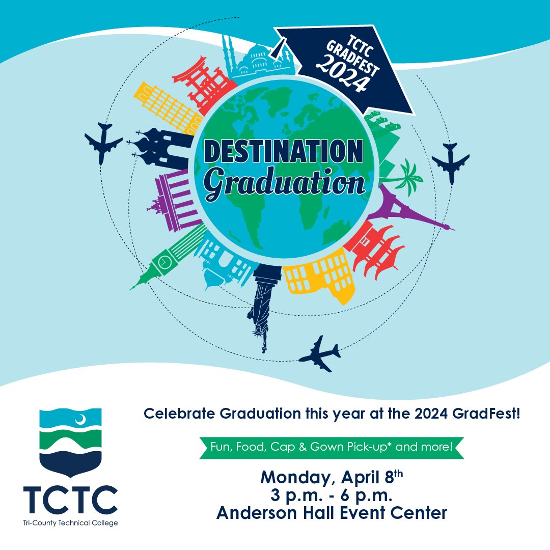 Are you ready to walk across the stage? 🎓 Make sure to join us for Grad Fest April 8th from 3 pm - 6 pm in the Anderson Hall Event Center on our Pendleton Campus! 🎉 Stop by to celebrate Graduation and pick up your cap and gown too! #tctcedu #ibelong #destinationgraduation