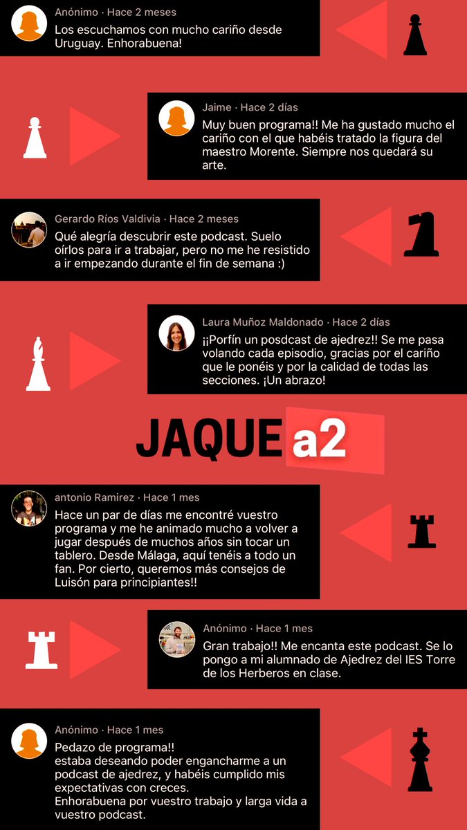⭐️⭐️⭐️⭐️⭐️ Si pinchas en la imagen vas a leer algunos de los mensajes de los oyentes del podcast JAQUEa2. Y solo son un porcentaje mínimo de los que recibimos. 

Ayúdanos a llevar el ajedrez a más y más gente haciendo RT o citando.