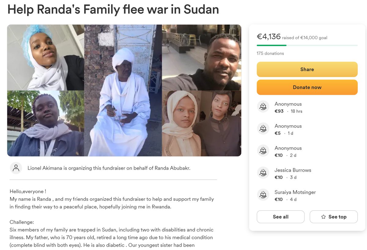 help randa and her family flee sudan! she has family with disabilities and chronic illnesses, her father is elderly blind and diabetic and her two brothers are in immediate danger in an RSF controlled neighborhood, help them reunite in rwanda 

gofundme.com/f/help-my-fami…