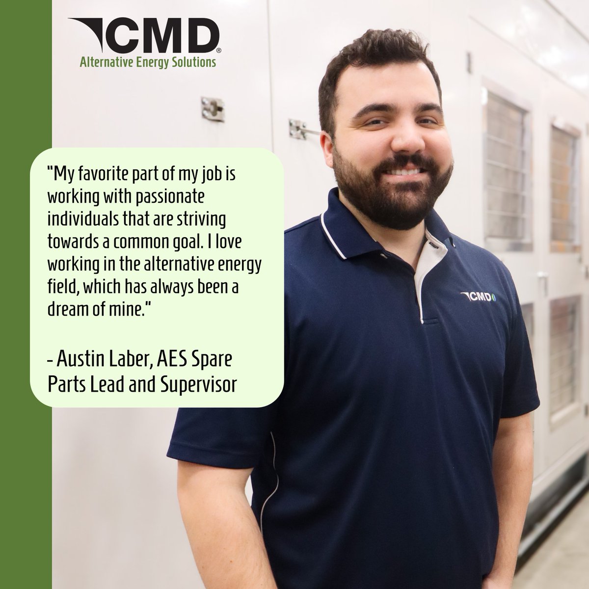 For 7 years, Austin has been an invaluable member of the CMD Alternative Energy Solutions team, playing a crucial role in keeping our customers' equipment up and running. 

View our open positions: cmd-corp.com/careers/