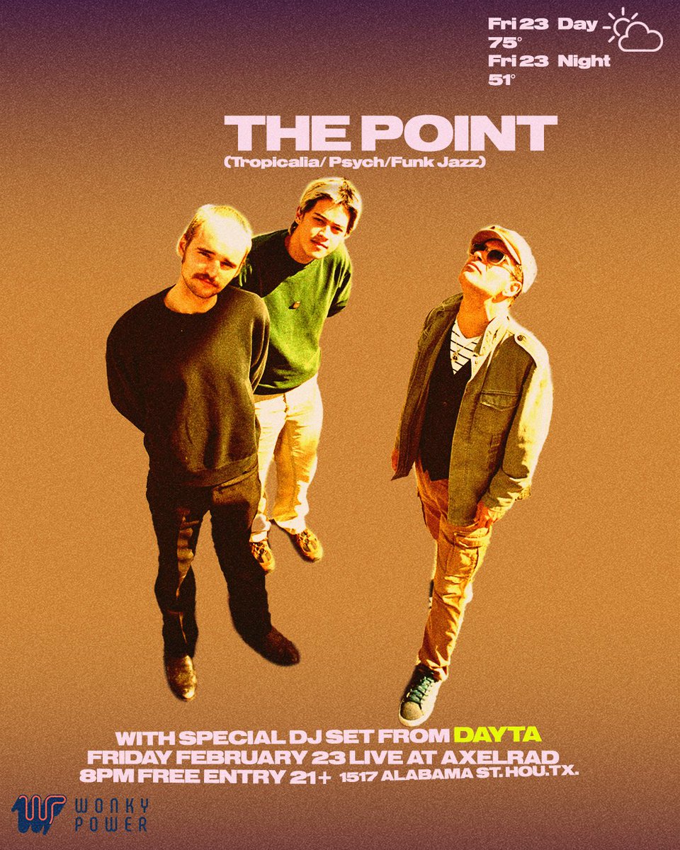 Wanna do something fun tonight in Houston?! We got you! The Point ignites stages with their electrifying blend of Tropicalia, Psych, and Funk Jazz. Comprising three musical mavericks! Free show 8pm start and followed by @_Dayta_ DJ set till 1am. A @wonkypower production 🍻🤠