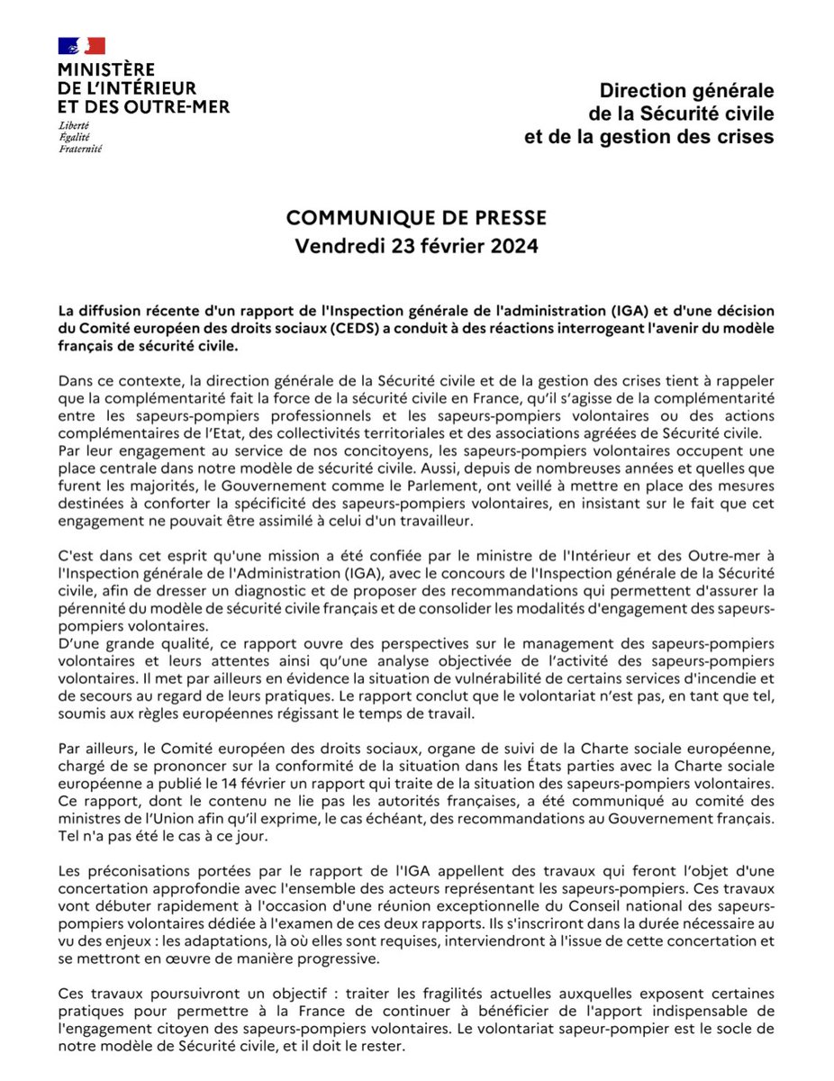 ℹ️ Par leur engagement au service de nos concitoyens, les sapeurs-pompiers volontaires constituent le socle de notre modèle de Sécurité civile et doivent le rester.
Retrouvez le communiqué de presse à la suite de la diffusion d'un rapport de l'IGA et d'une décision du CEDS ⬇️