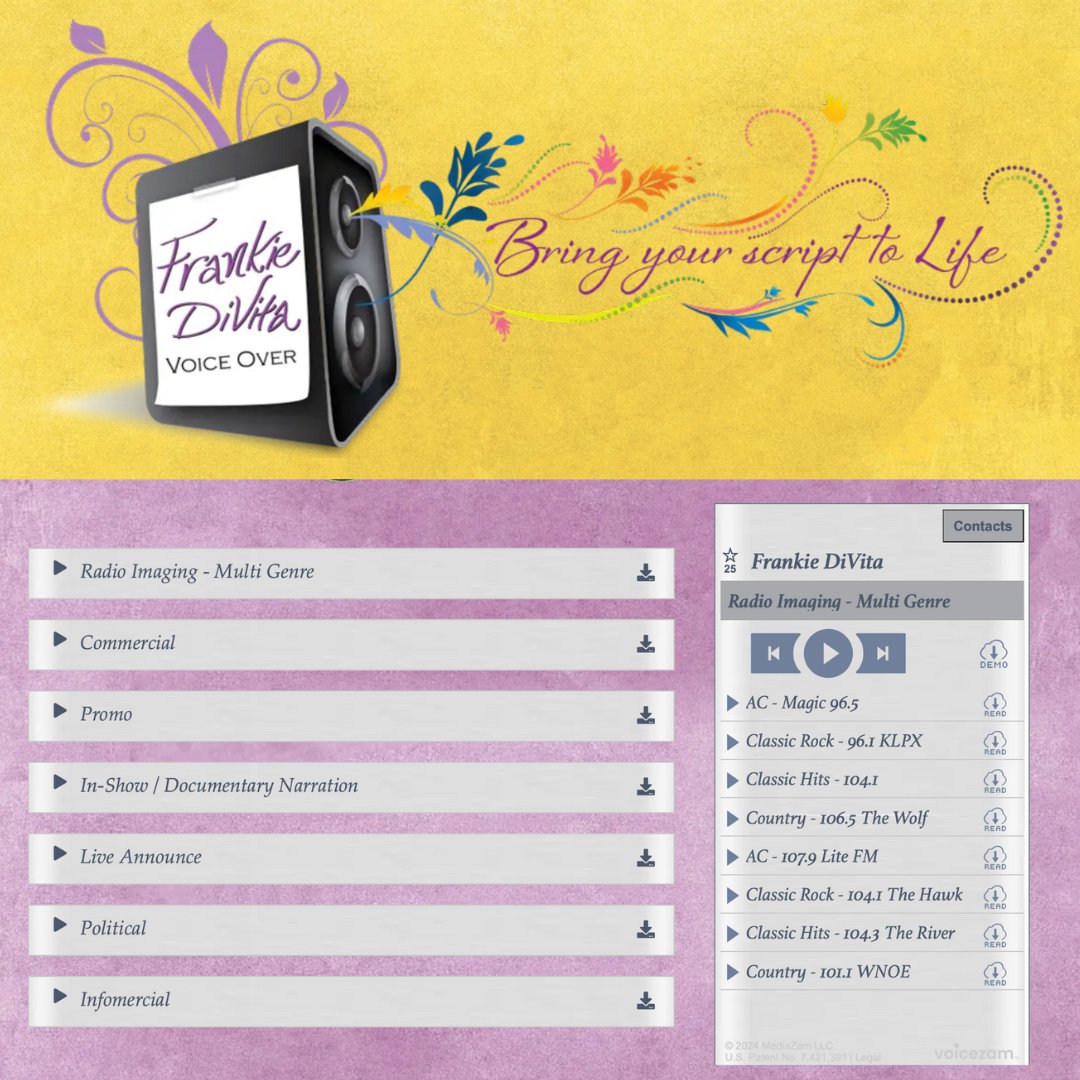 Our VO spotlight is on @FrankieDiVita...

Her VoiceZam Player is loaded with demos and reads - showcasing Frankie's many VO skills and ability to bring scripts to life!

Visit frankiedivita.com to hear more!

#voiceactress #voiceover #voiceartist #getheard #VoiceZam