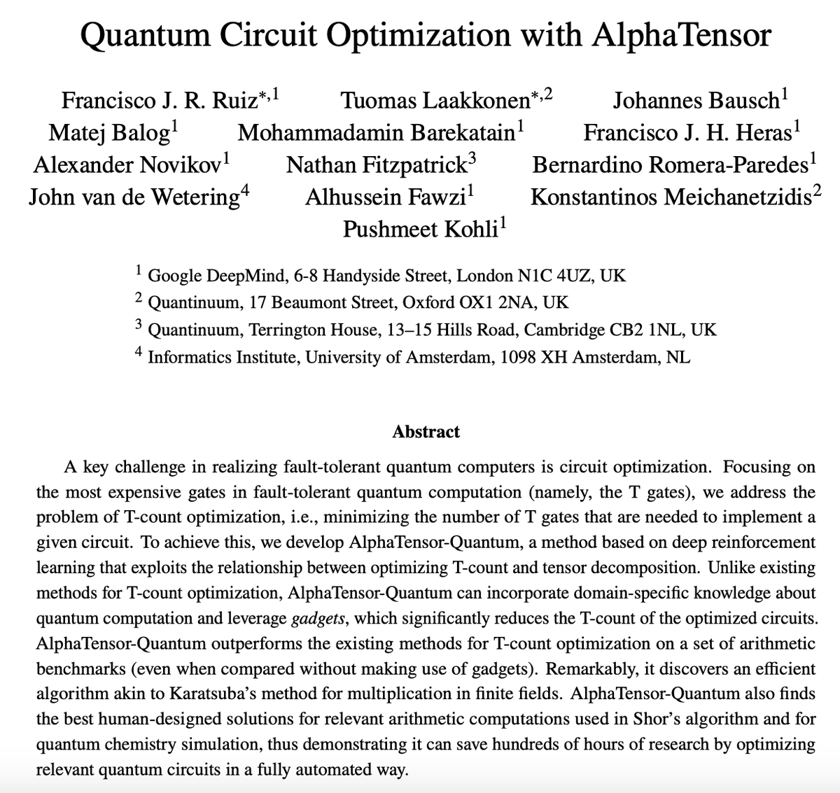 Today in QEC on the arXiv arxiv.org/abs/2402.14396 With fault-tolerant quantum computers we'll have easy access to Clifford gates. Non-Cliffords, like T gates, will take more effort. Here they present an AI powered new way to minimize the number of T gates needed for a circuit