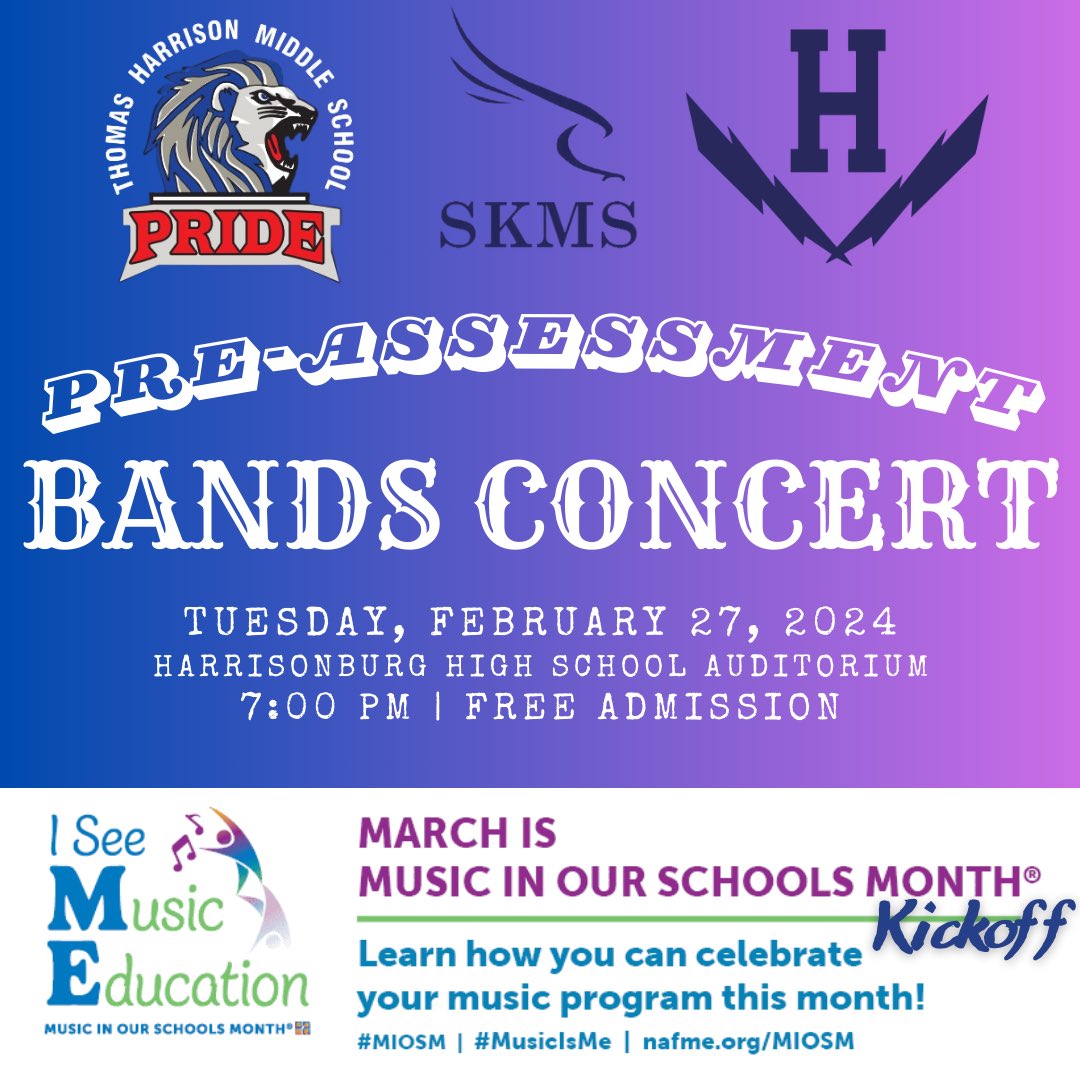 Join us Tuesday, February 27 at @BlueStreakBands for the annual @HCPSNews @HCPSArts Pre-Assessment Bands Concert at 7pm. The concert will kickoff March Music in Our Schools Month as the bands head into their adjudicated assessment performances. @THMSPride @SKMSFalcons