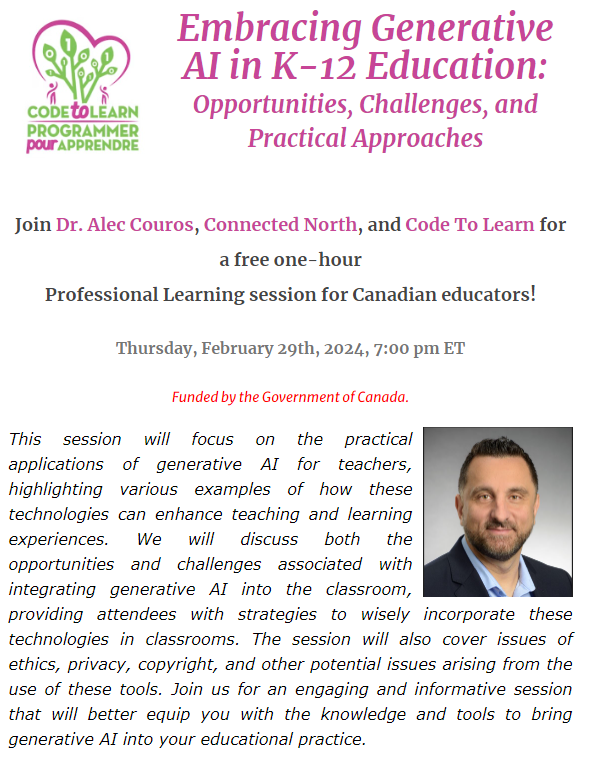 Free online Professional Learning Session-Embracing Generative AI in K-12 Education: Opportunities, Challenges, and Practical Approaches presented by @courosa, @AConnectedNorth @CanCodeToLearn. Thurs, Feb 29th, 2024, 7PM ET. Register here: airtable.com/appeKN9RRqMxbk… #AI #AIeducation