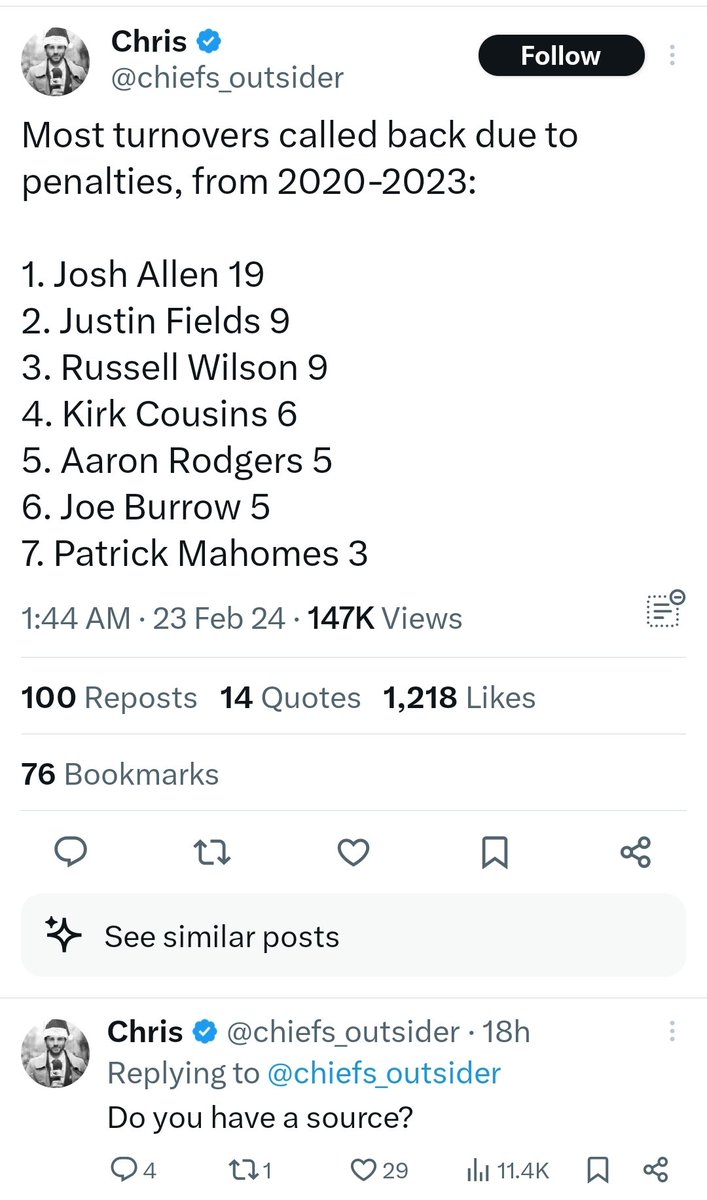 TJDMCR's tweet photo. Chiefs account makes up a fake stat, then forgets to log into his burner and ASKS HIMSELF for "a source" 3 times in his own replies.

🤡🤡🤡🤡🤡🤡🤡🤡 X 100 https://t.co/q64eZSWkAm