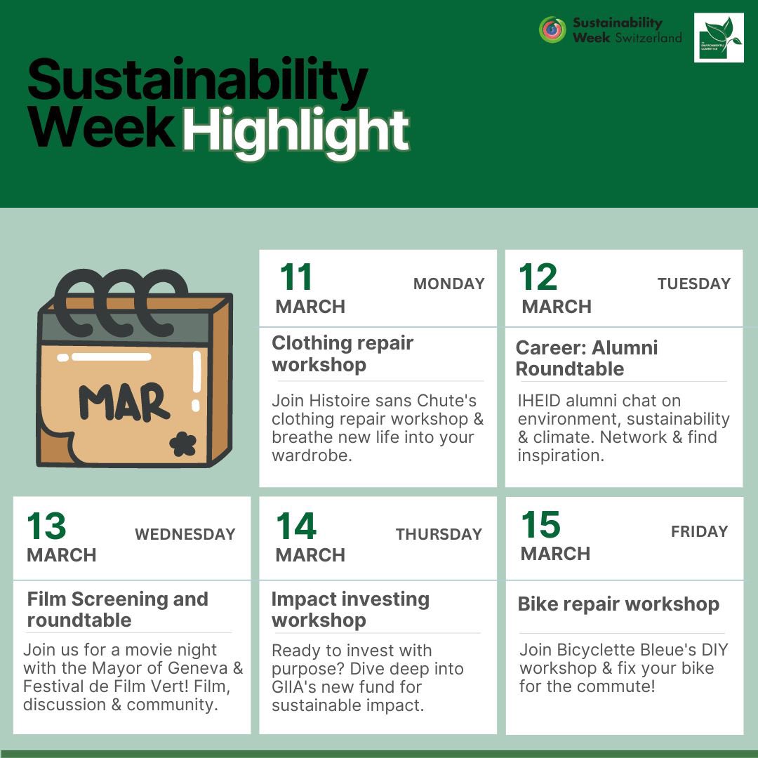 Get ready for an immersion into all things green🌱

Starting March 11th to 17th, <a href="/GVAGrad/">Geneva Graduate Institute</a> &amp; EC invite you for <a href="/sws_switzerland/">Sustainability Week Switzerland - SWS</a> 2024 in Geneva. We've got a thrilling lineup of events for you. 

Visit eciheid.org/sustainability… for the full program.

#SustainabilityWeekGeneva