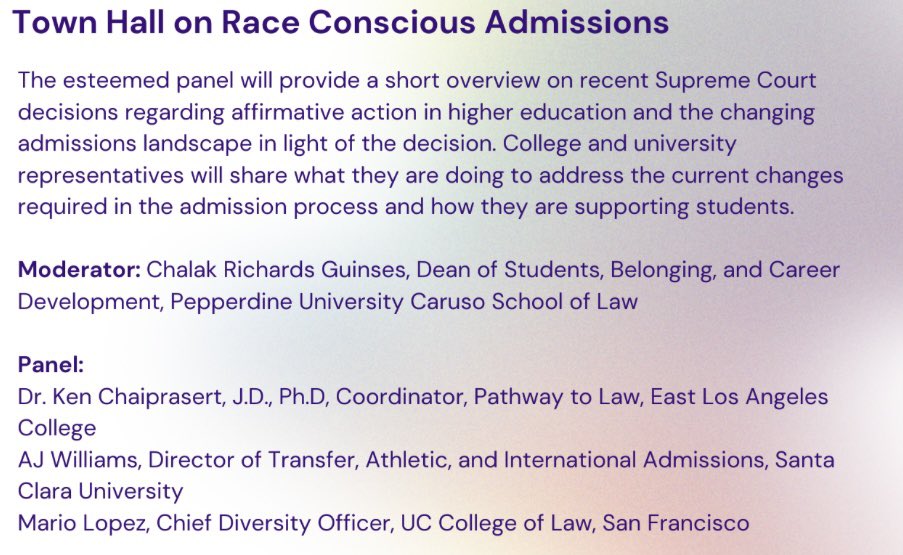 RACE-CONSCIOUS ADMISSIONS on recent SCOTUS decisions ● Dr. Ken Chaiprasert, J.D., Ph.D, Coordinator, Pathway to Law @EastLACollege ● AJ Williams, Director of Transfer, Athletic, & Internat’l Admissions @SantaClaraUniv ● Mario Lopez, Chief Diversity Officer @UCSFLaw