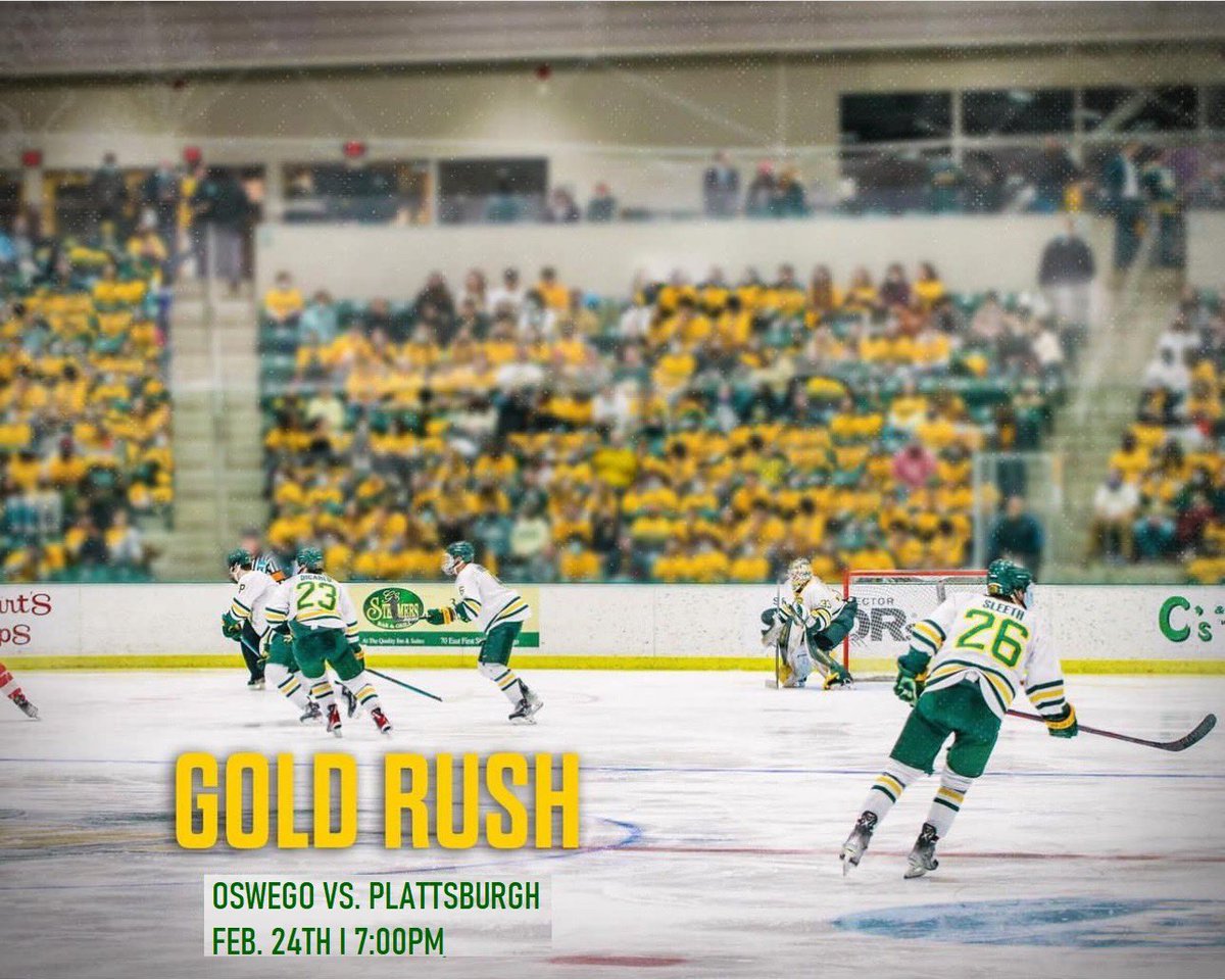 Playoff Hockey Tomorrow Night in Oswego! ⚓️ Free Gold Rush T Shirts! Get Your Tickets Laker Fans! Don't Miss Out! tickets.oswego.edu