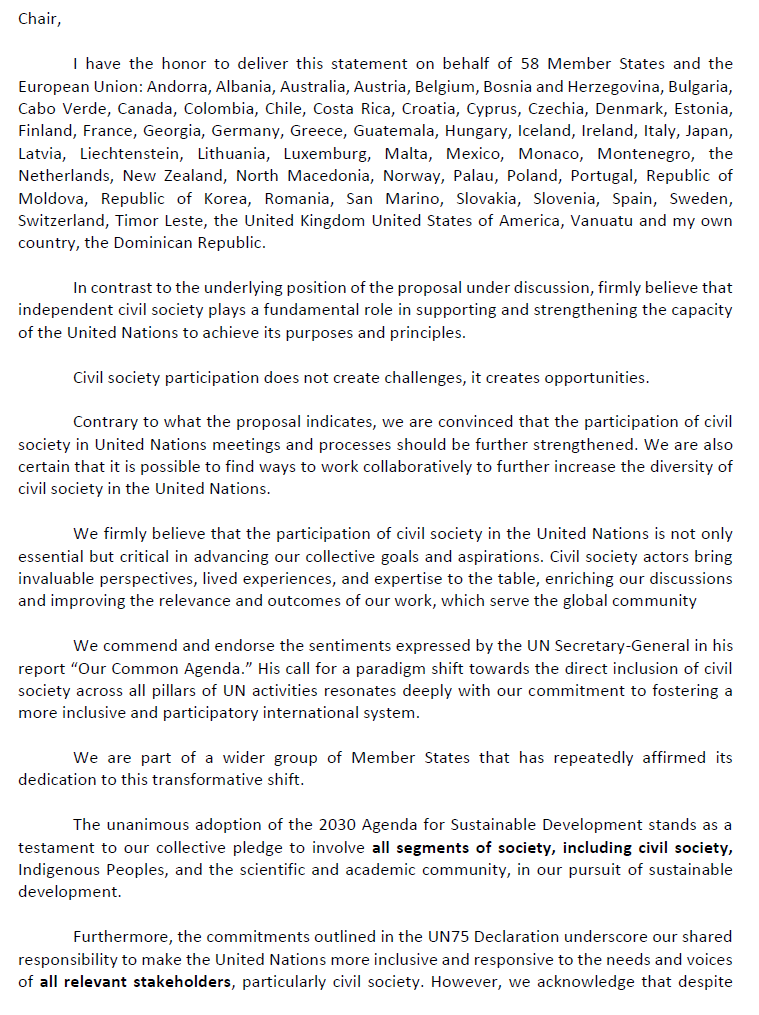 Denmark_UN's tweet photo. 🇩🇰 &amp; @CostaRicaONU continue to #UNmute civil society in the @UN.

Today, in the UN Charter Committee, the PR of @RDenONU, on behalf of 58 States and the @EUatUN, emphasized the vital role independent civil society plays in advancing the UN's principles and purposes. #UNCharter https://t.co/Rp4OFhxadk