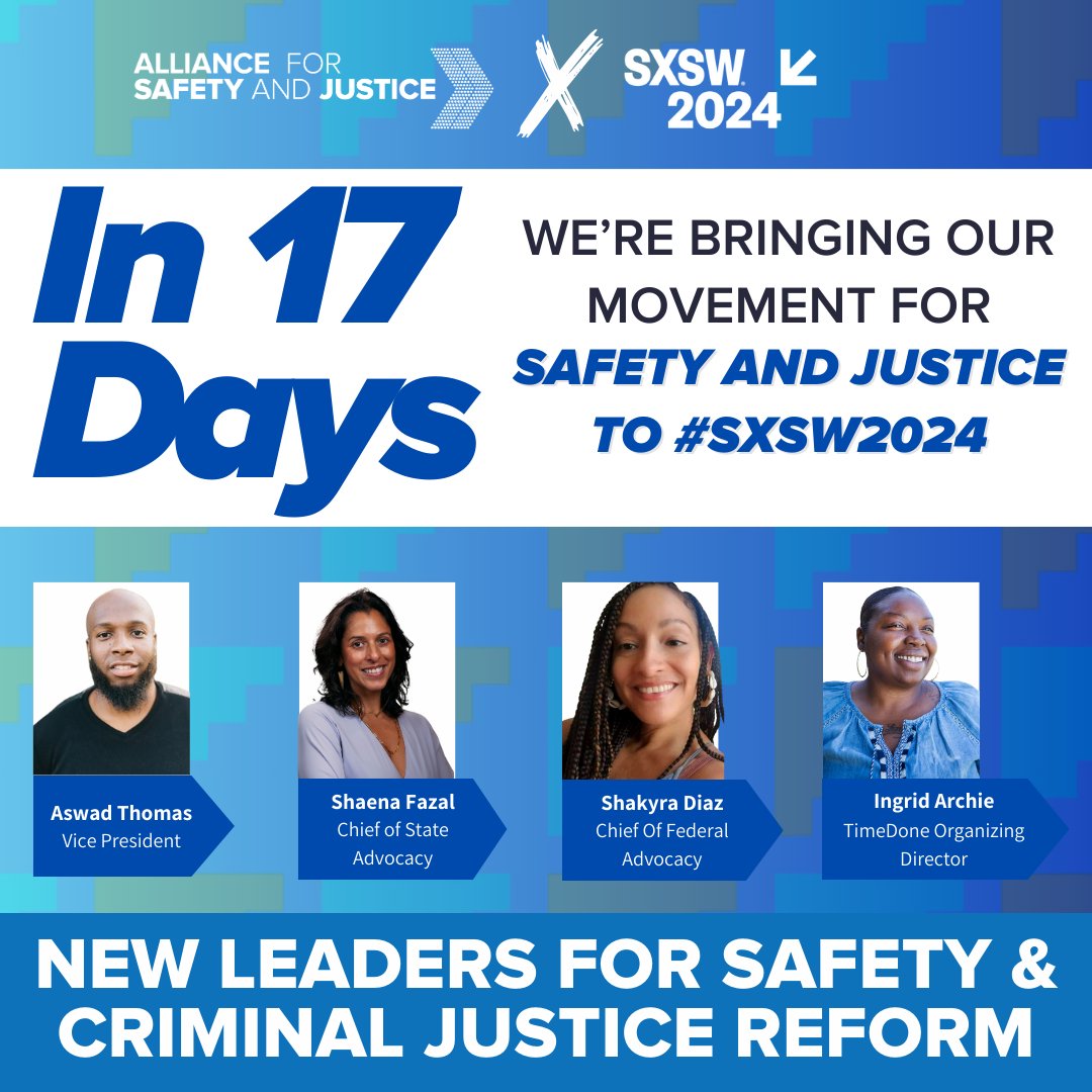The countdown is on! 🎉 Thanks to your incredible support, we're heading to #SXSW! Our transformative panel on 'New Leaders for Safety &amp; Criminal Justice Reform' happens on Mar 11. If you’re attending SXSW, be sure to stop by our panel, you won’t want to  miss a chance to dive