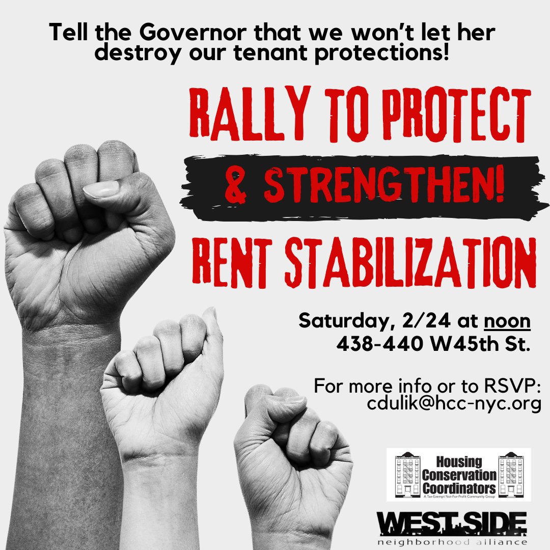 TOMORROW! Rally against the 'vacancy reset' and for full Good Cause Eviction with us, @housing4allNY, @tenantneighbor, @Met_Council, @tonysimone, @bradhoylman!