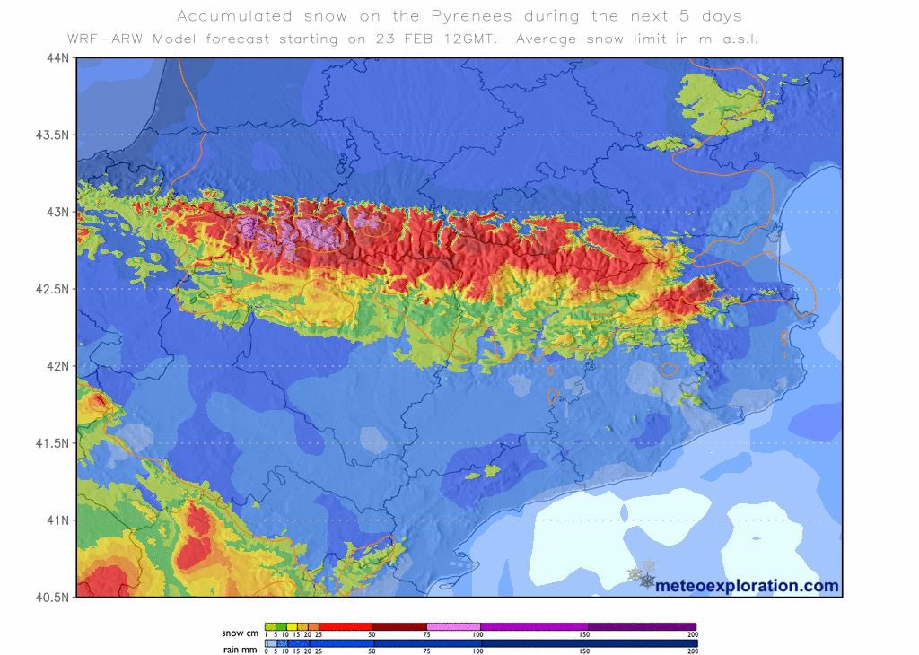 👀 Acumulats de neu molt engrescadors per als pròxims 5 dies al 📍 Pirineu

❄️ Segons el model WRF, la nevada de nord deixaria fins a 50cm en molts punts del Pirineu

Mapa d’acumulació a continuació👇🏼

#Projecte4Estacions