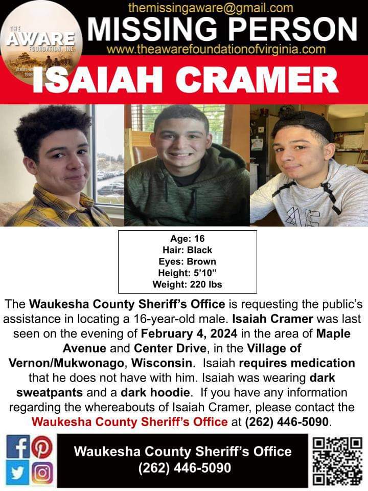 aware_the's tweet image. ***MISSING JUVENILE*** MUKWONAGO, WI

The Waukesha County Sheriff’s Office is requesting the public’s assistance in locating a 16-year-old male. Isaiah Cramer was last seen on the evening of February 4, 2024 in the area of Maple Avenue and Center Drive, in the Village of…