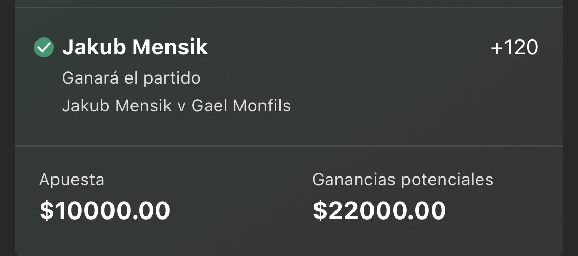 Así tenía que ser Ⓜ️omio 🅿️ositivo

✅ MENSIK [+120] STAKE 10

🥱 Monfils sufre y pierde con los tenistas menores de 23 años, apunten el dato pues cayó con:

Cobolli
Shevchenko
Lehecka
Draper
Sinner
Alcaraz

Y ahora Mensik