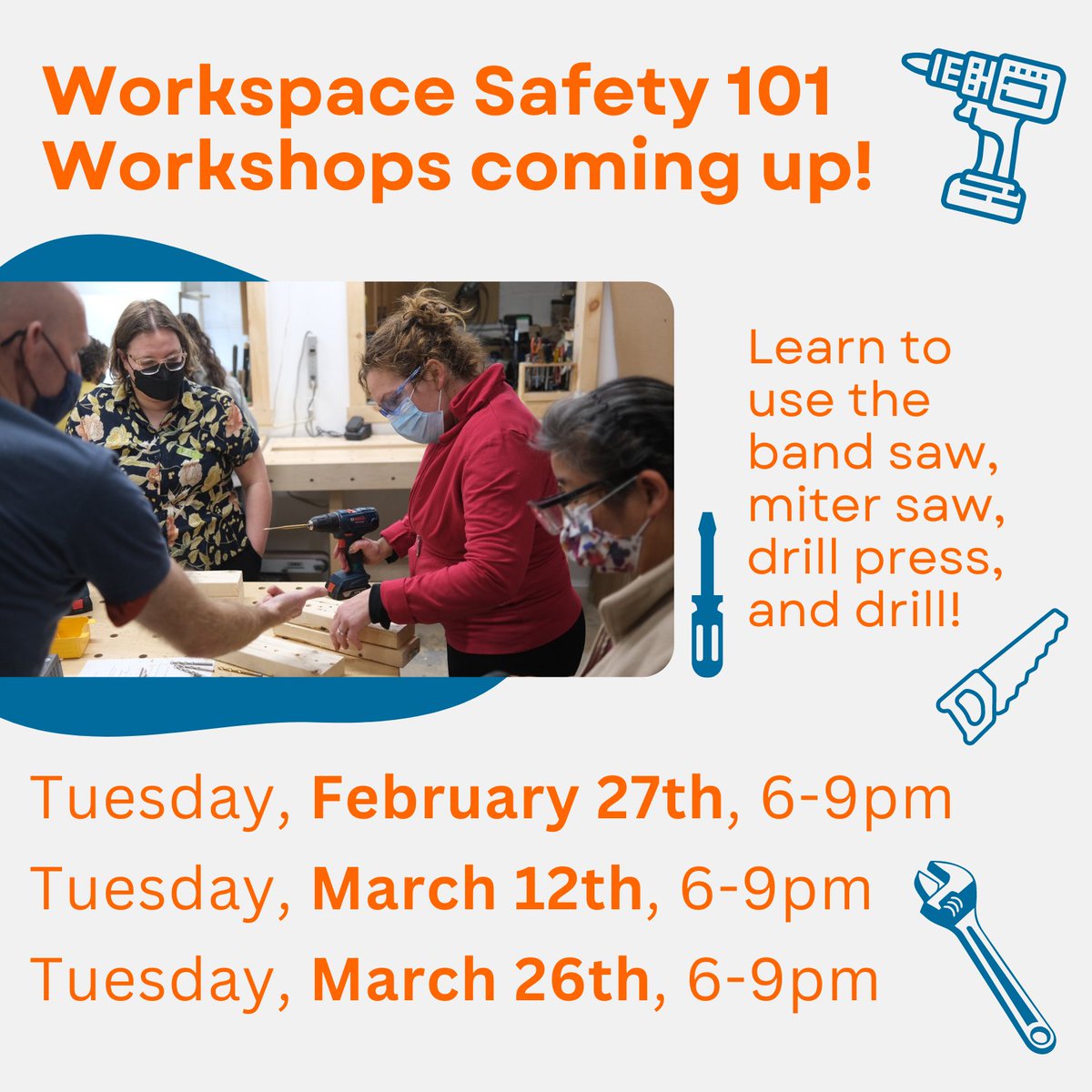 yowtoollibrary's tweet photo. We have 3 Workspace Safety 101 workshops coming up quick! 💨 Don't miss your chance to join, sign up now to secure your spot!
🛠️
Get more info and register here.
https://t.co/xDALR3h4DV
🧰
#OTL #OttawaWorkshop #ToolSafety #ToolSafetyOttawa #LearnTools #LearnSomethingNew https://t.co/GTbmY6413C