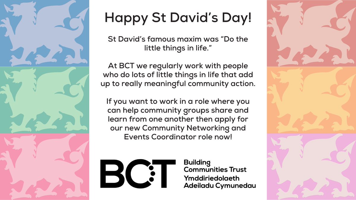 👋🏴󠁧󠁢󠁷󠁬󠁳󠁿#DyddGŵylDewiHapus Are you looking for a role where you can make a difference?

Could you help communities to connect and share learning?

Maybe you could be our new Community Networking and Events Coordinator? 

Visit bct.wales/jobs for more details!