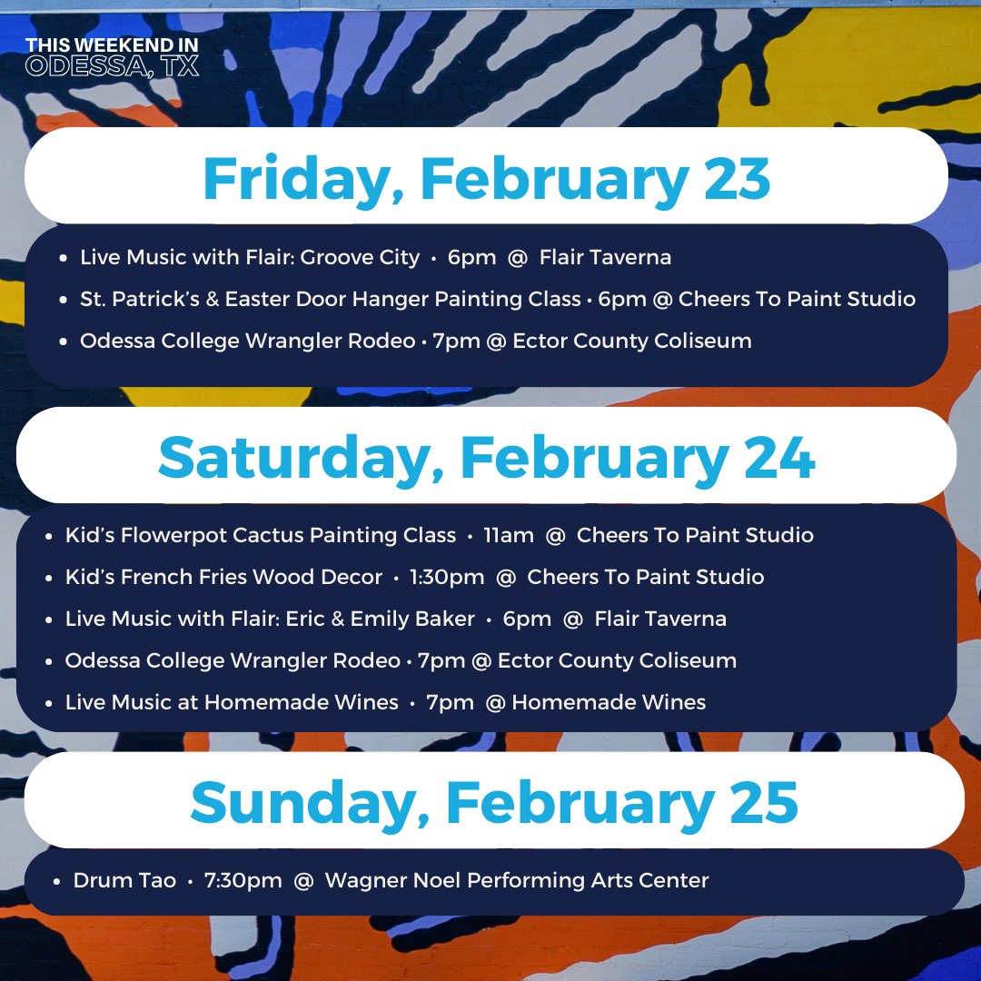 You're weekend lineup is here! Explore local coffee spots, catch events such at the Wrangler Rodeo, &amp; create memories that last.

To view our calendar and for event details, click here: bit.ly/OdessaTXEvents or click the link in our bio.