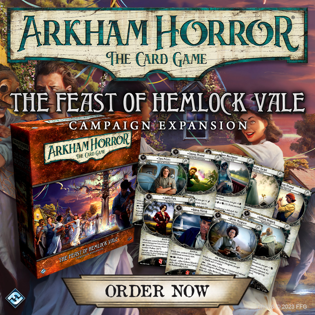 Available Now: The Feast of Hemlock Vale Campaign Expansion for Arkham Horror: The Card Game! Visit the secluded and mysterious Hemlock Isle, meet the local residents, and begin your investigation today! bit.ly/4bP8S4x
