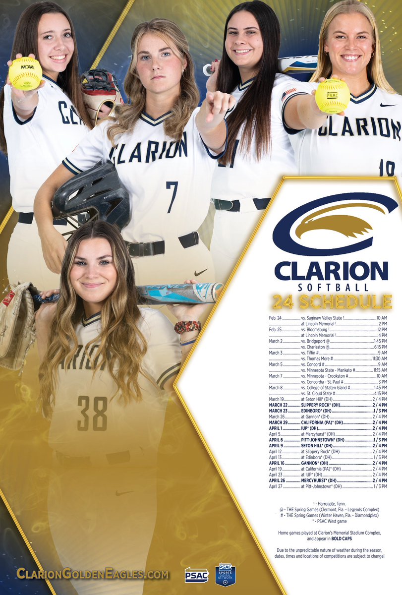 Time to put some dates on your calendars, Golden Eagle fans! If you can’t attend in person, tune into our live streams on the PSAC sports network. Follow us this weekend as your 2024 Golden Eagles fly into opening weekend!🤩🦅
#birdgang #psacsoftball