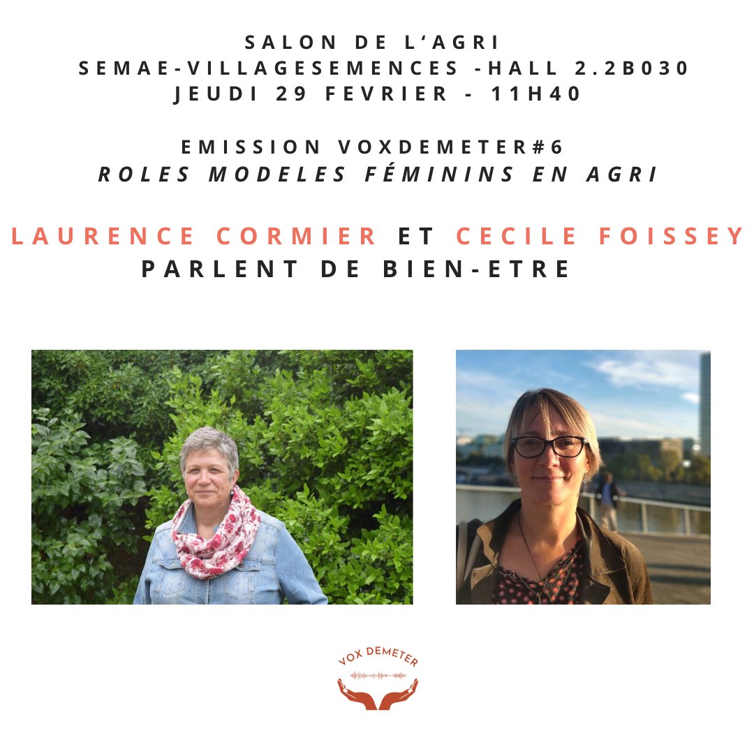 VoxDemeter's tweet image. Jeudi 29 février à 11h40 sur le stand @semae_officiel Hall 2.2
Témoignages de Laurence Cormier, agricultrice  et de Cécile Foissey, coach chambre d'agriculture 
" Bien-être en élevage... Pas que pour les animaux"