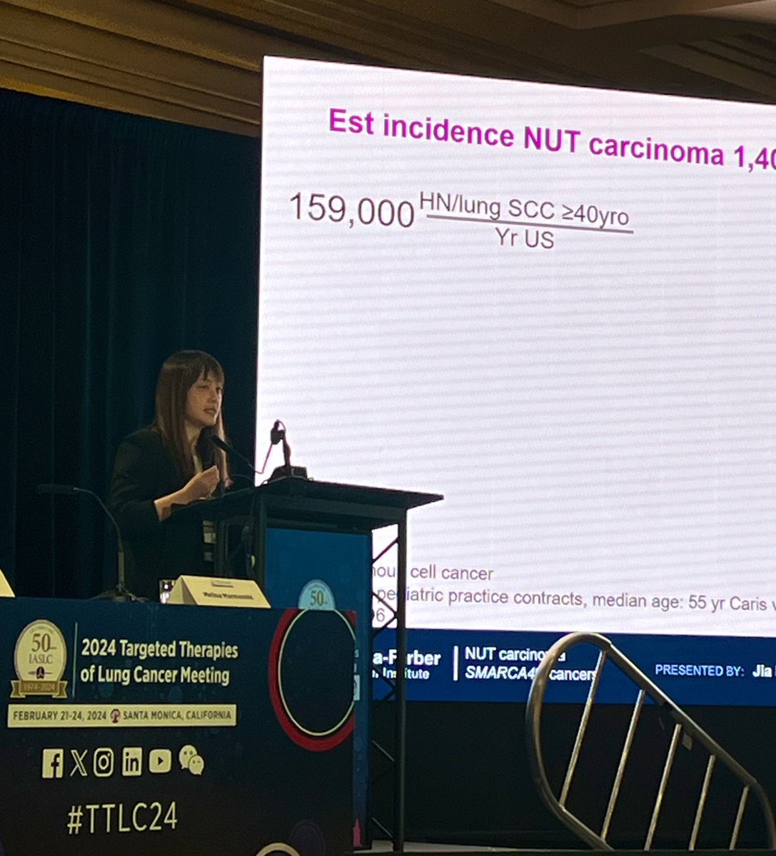 Provocative talk by Dr. @Jia_Luo about NUT carcinoma—it’s more common than we think! ☝️Take homes: you need RNA NGS, IHC, or FISH for proper diagnosis. Think of testing in young patients with poorly differentiated squamous cell #lungcancer. @IASLC @DanaFarber #TTLC24