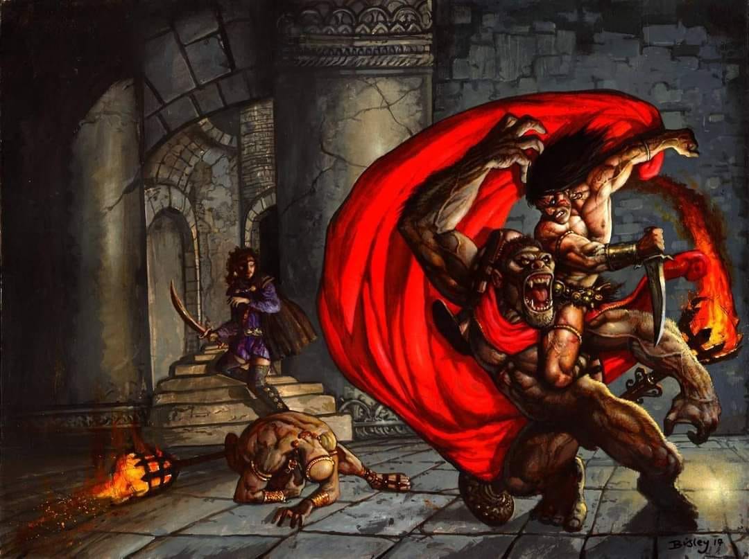 fabiaschi's tweet photo. Simon Bisley rocks! Conan is  battling the Red Priest Nabonidus' ape servant from Rogues in the House (1934). https://t.co/JniTCUOSVt