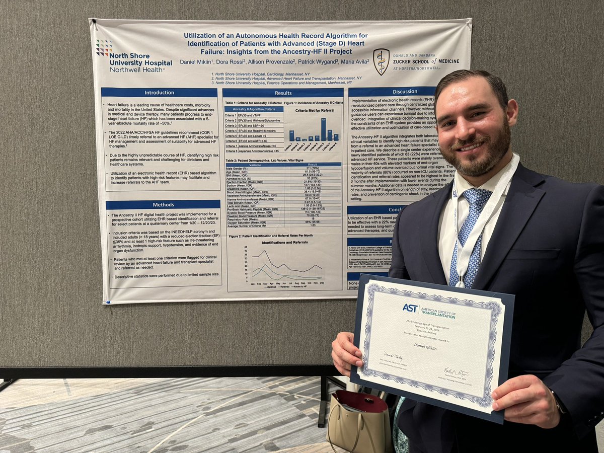 DanielMiklinMD's tweet photo. Had a great time learning about innovations in transplant at #CEOT. Was fortunate enough to receive a Young Innovator Award from the #AST for our work on autonomous EHR algorithms to help identify high risk HF patients https://t.co/9DJOLFt4f4